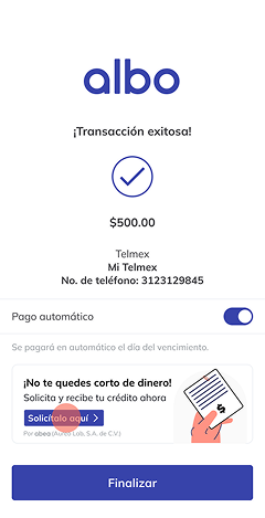 Bill payment success with credit banner