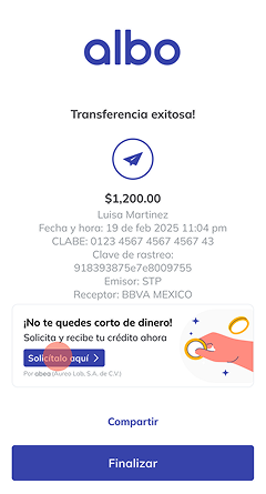 Transfer success with credit banner