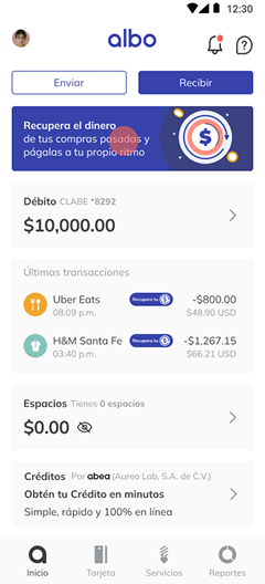 Home screen with cashback banner and credit section