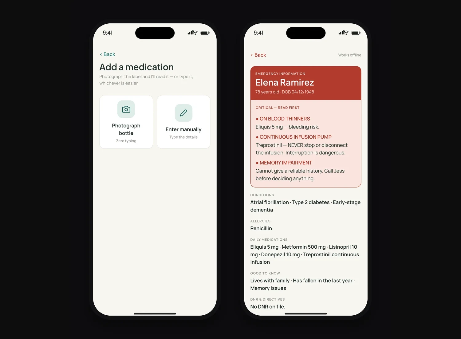 Add-medication fork and the AI-generated emergency card