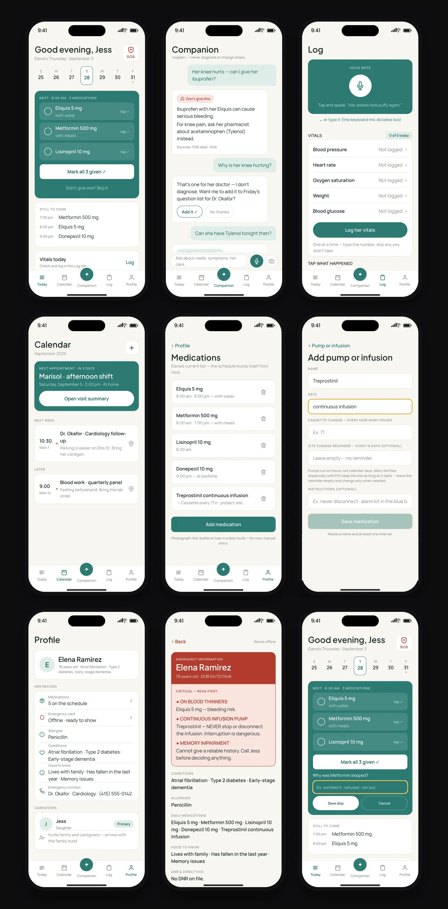 Today, Log, Calendar, Medications, Add medication and Profile screens