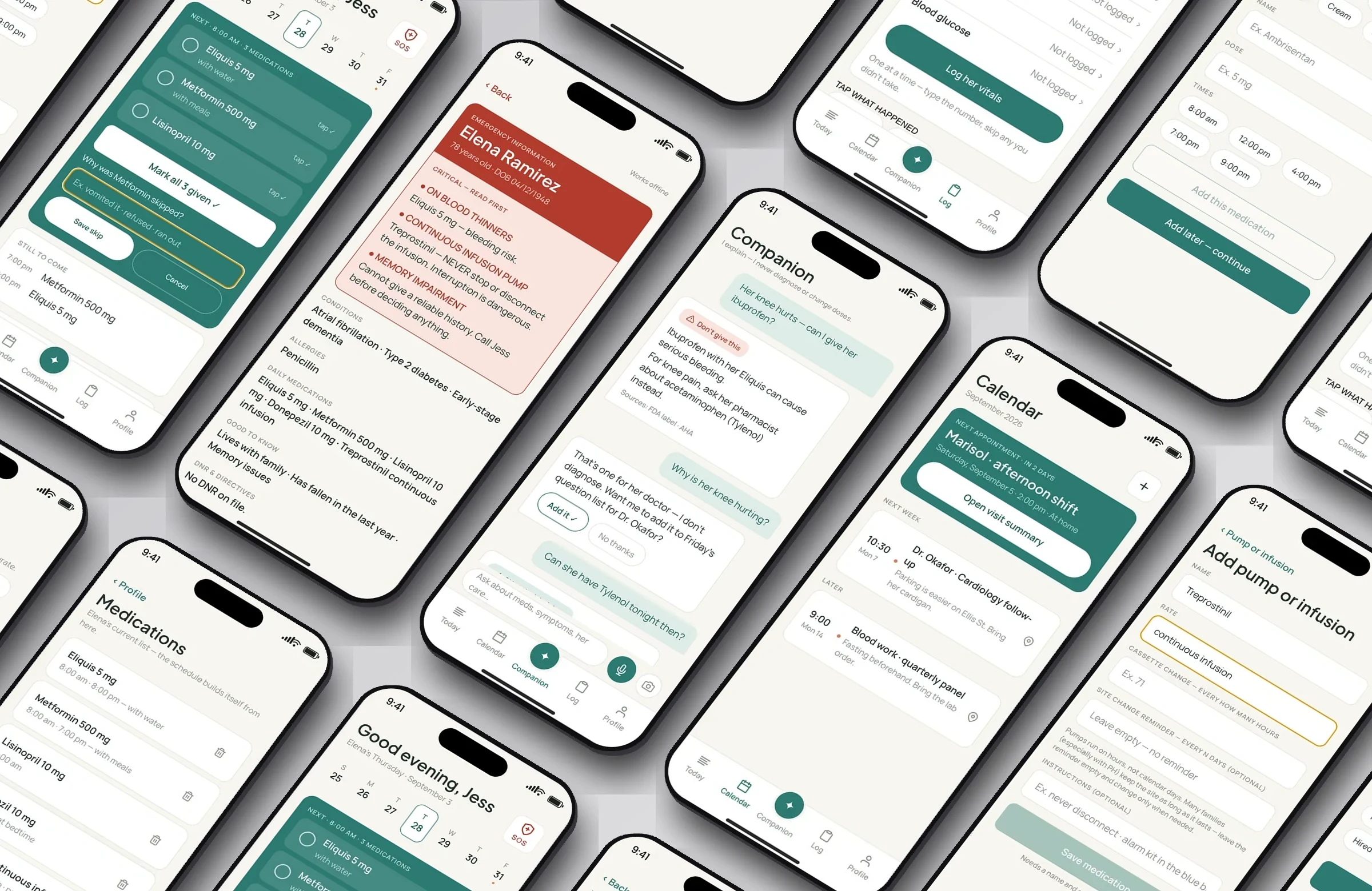 MyCareCompanion app screens isometric overview