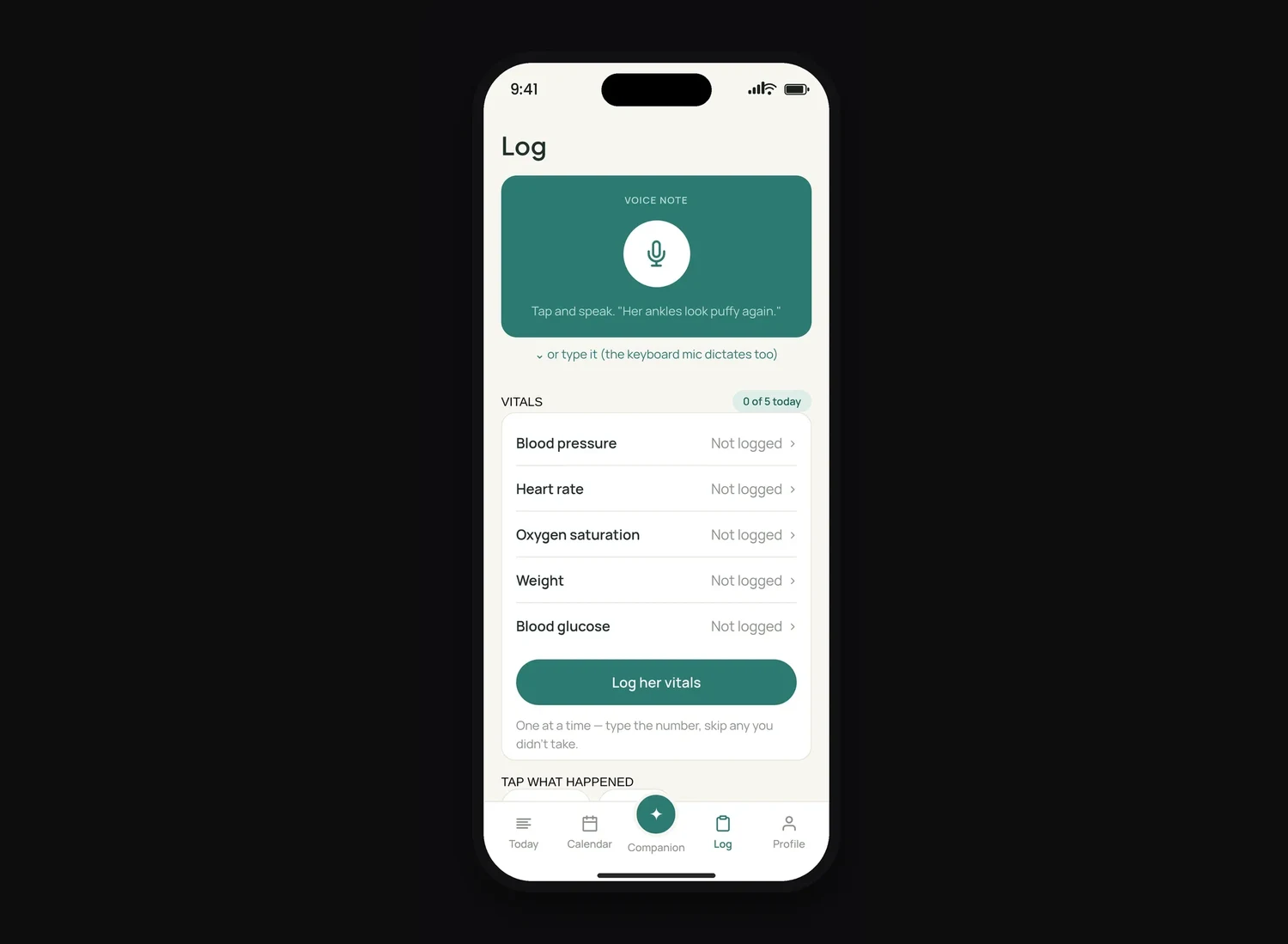 Log screen: voice note capture, vitals list, and one-tap symptom chips