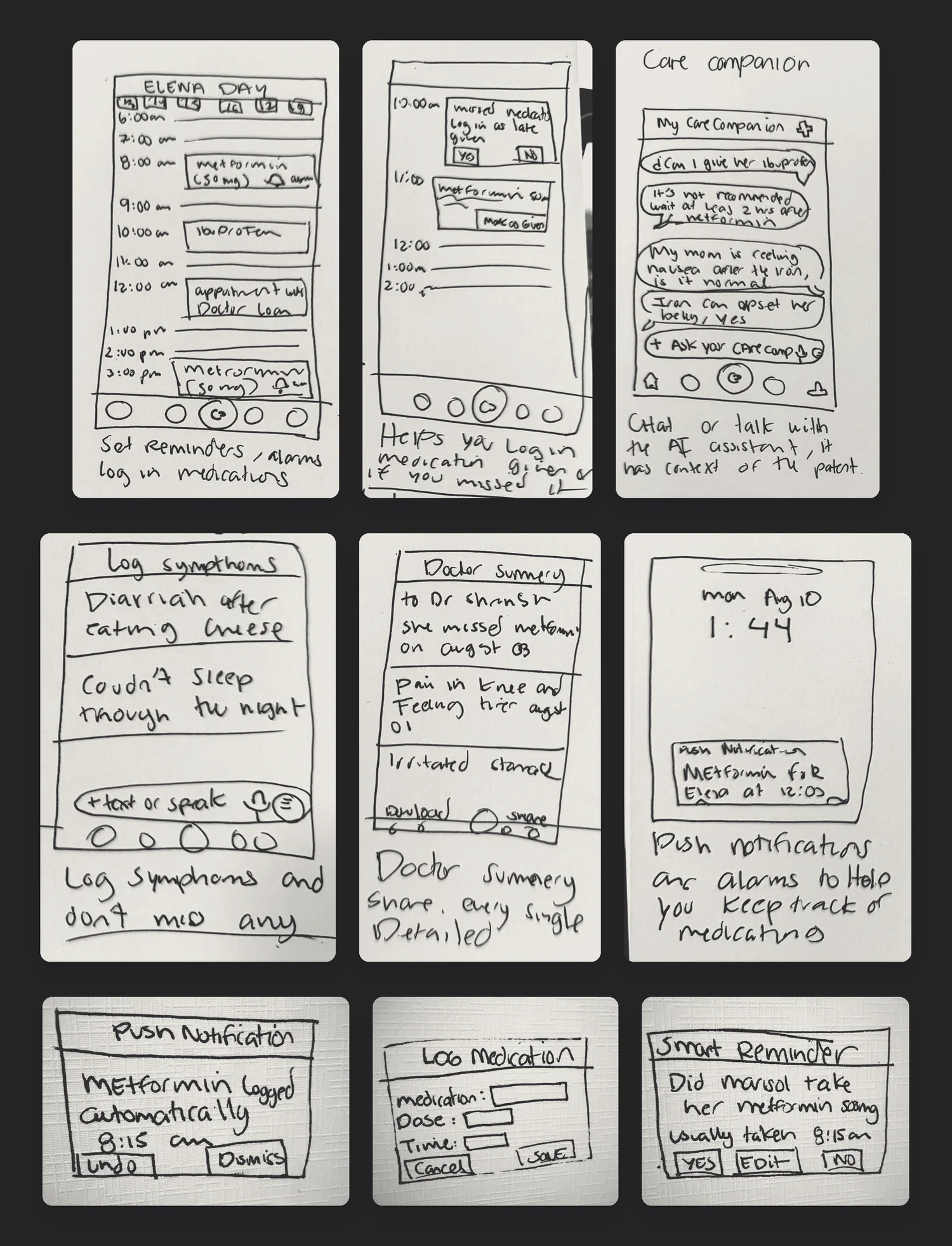 Nine paper prototype screens used in the Wizard-of-Oz sessions