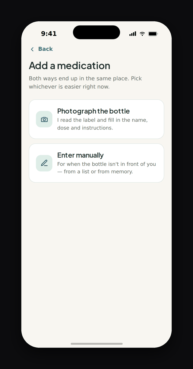 Animated: photograph a bottle, the AI reads the label, every field waits behind a confirm step, then the schedule