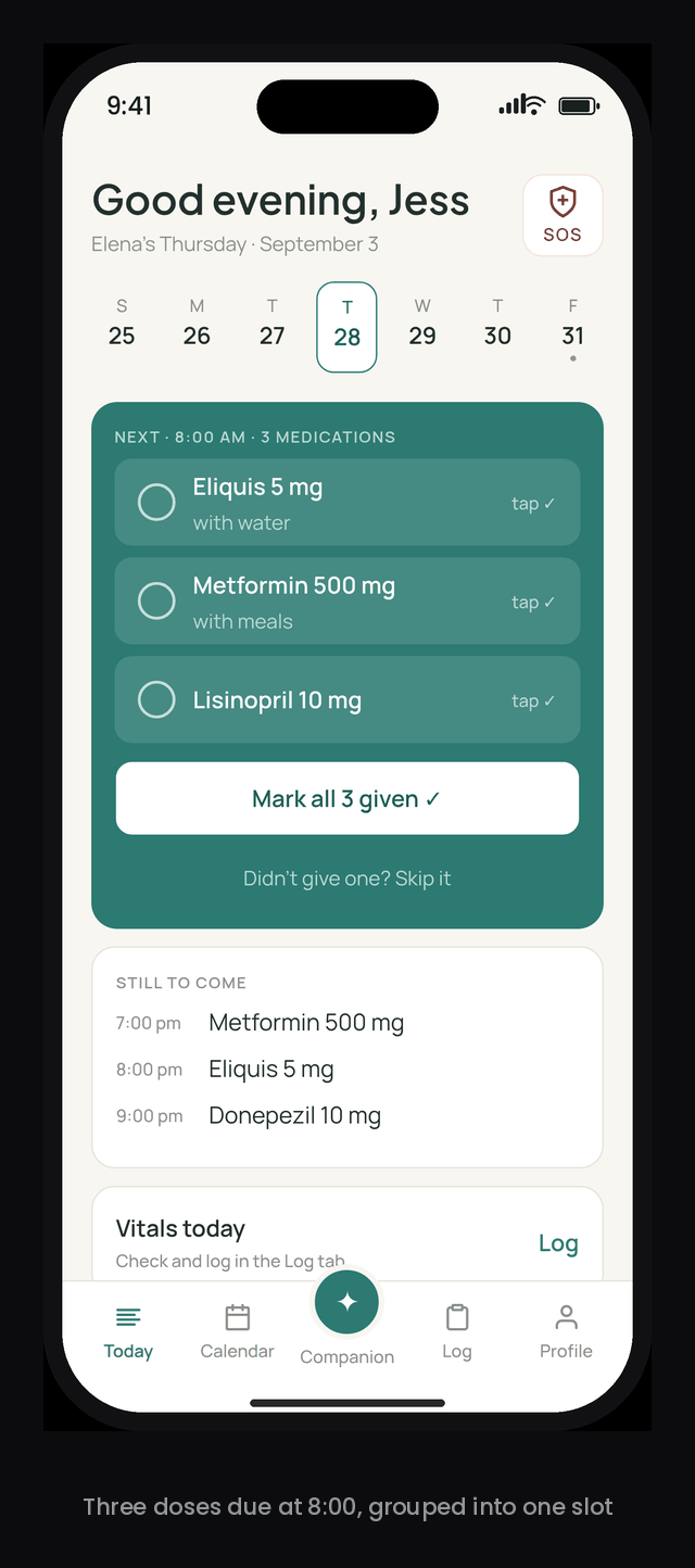Animated: Today screen, choosing which dose to skip, then the reason prompt