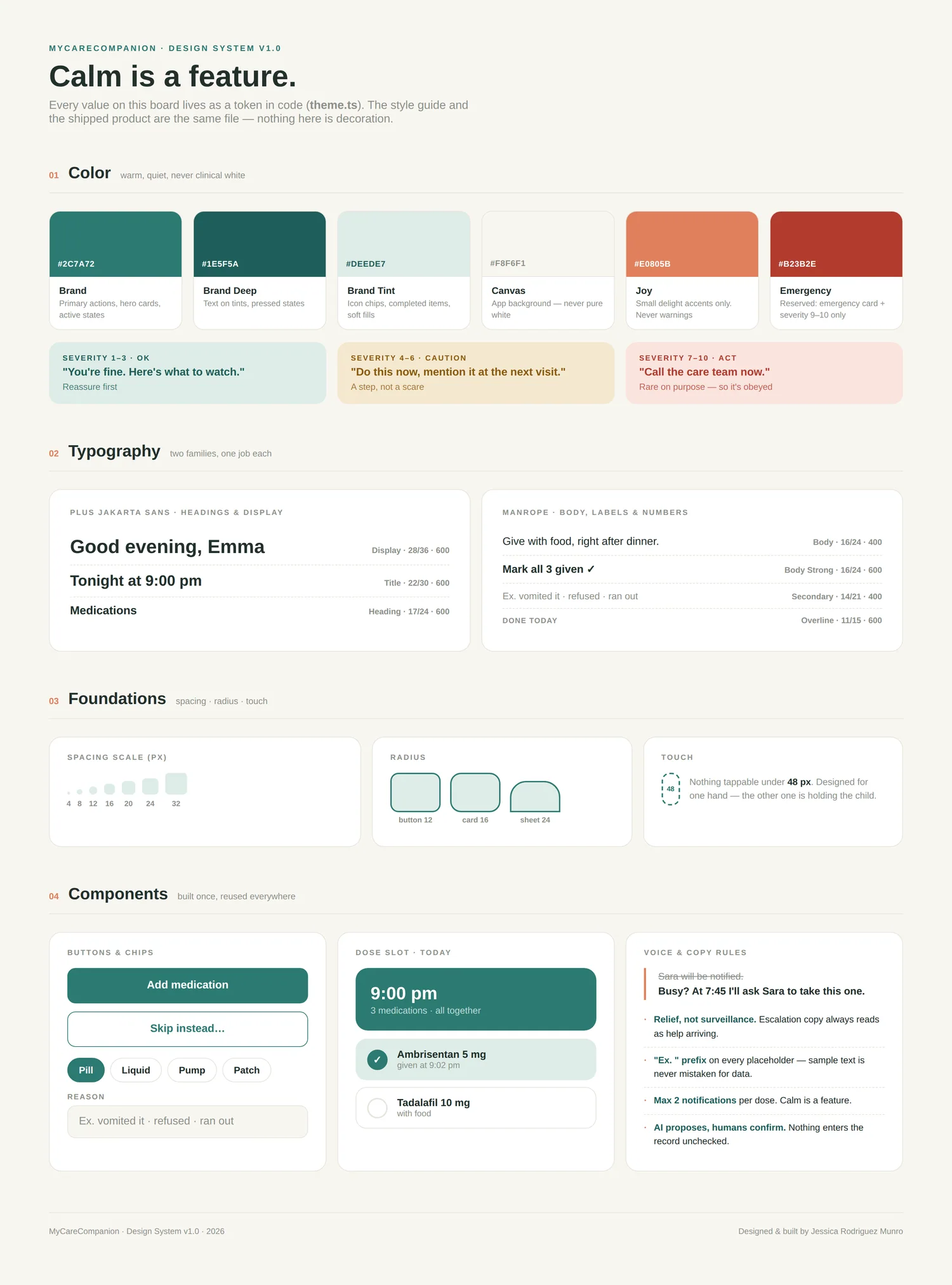 MyCareCompanion style guide board: palette, type scale, components