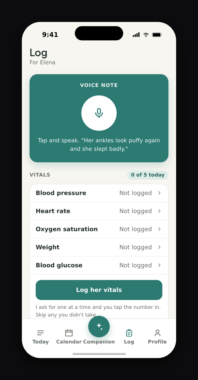Animated: a voice note becomes two confirmed entries, then the doctor summary built from the log
