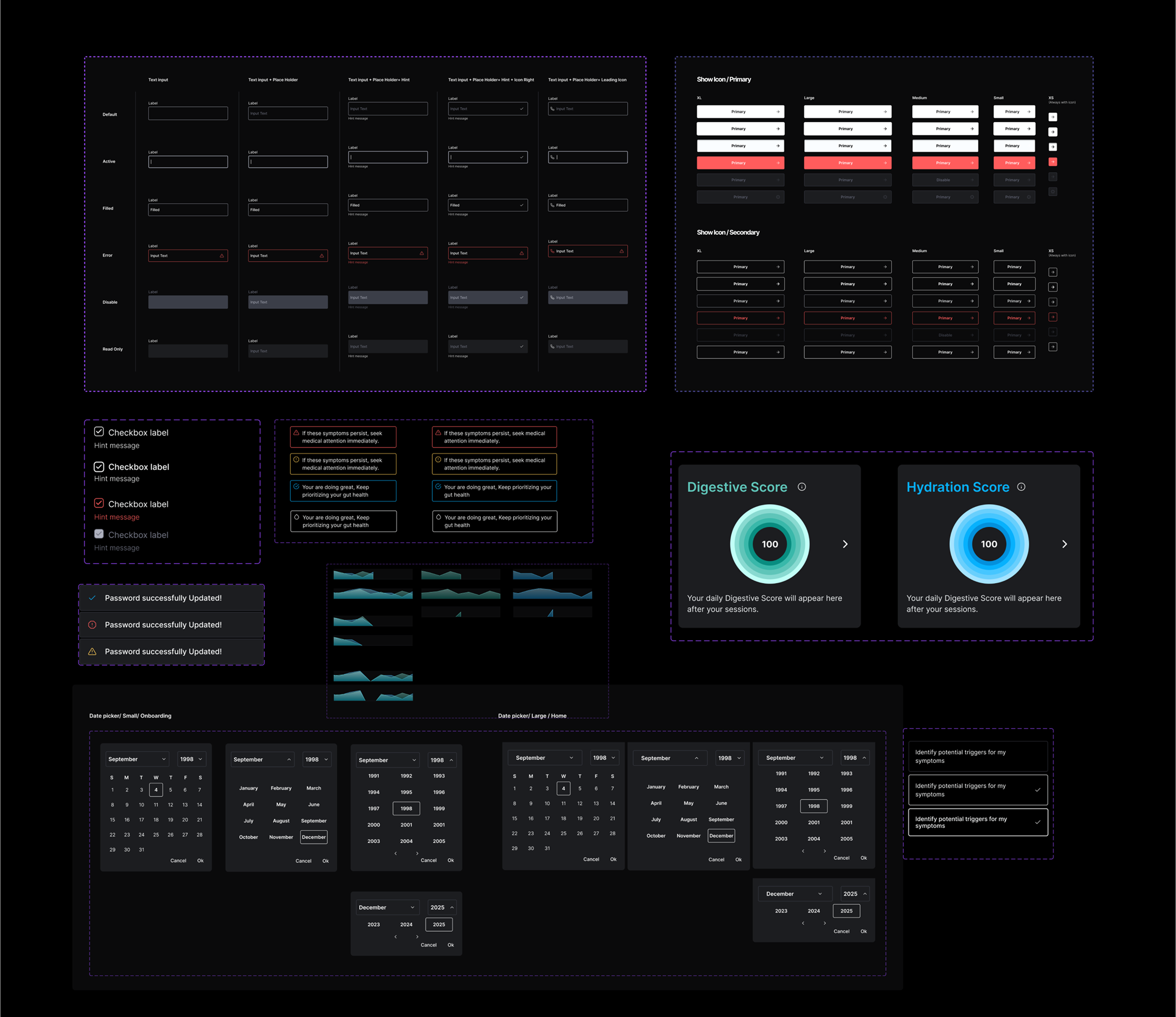Design system: inputs, buttons, score widgets, checkboxes, and component library