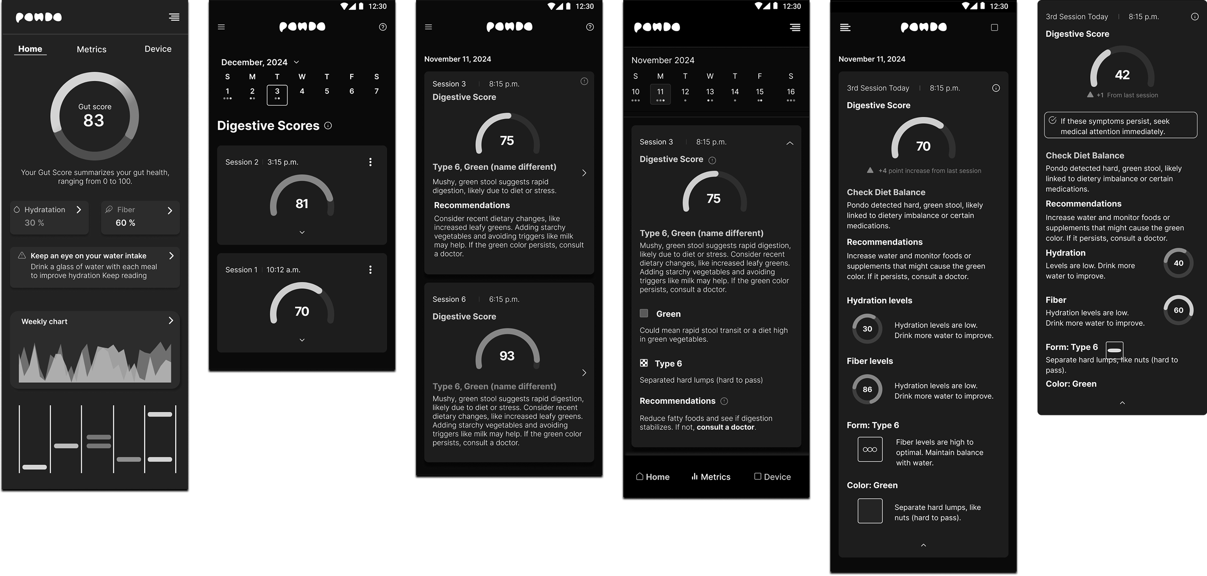 Mid-fidelity wireframes showing app structure and screen hierarchy